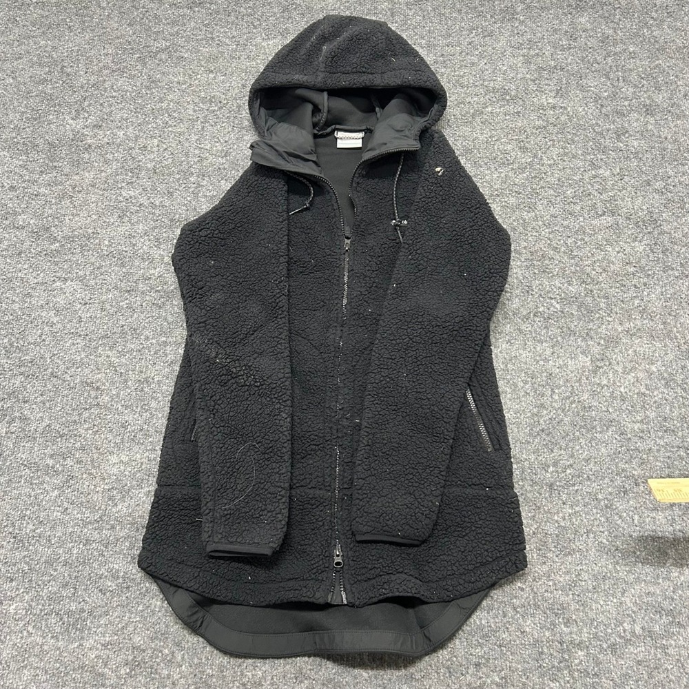 Columbia Sherpa Fleece Hoodie Womens Size S Black Longline Full Zip Jacket
